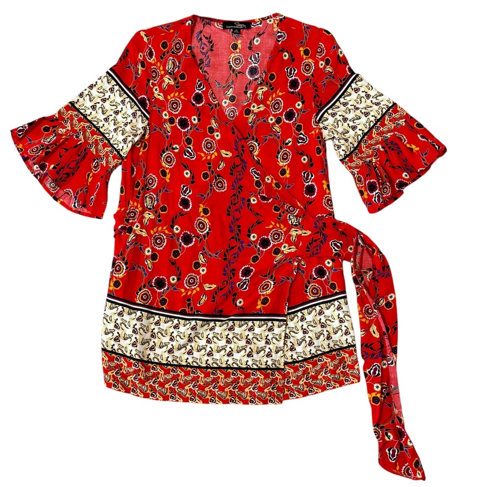 Suzanne Betro‎ Medium Red Floral Wrap Top Bell Sleeve V-Neck SideTie Boho Blouse
